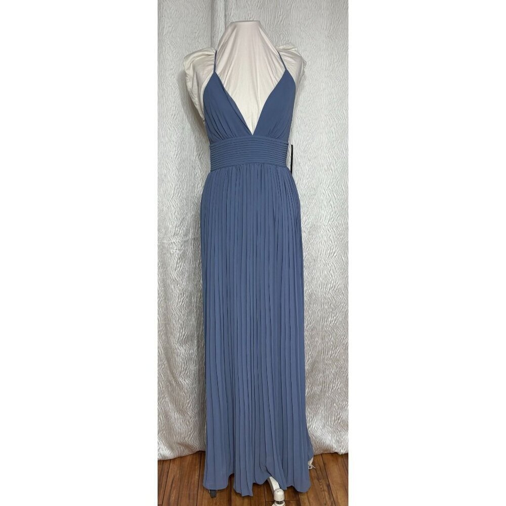New Lulus Dusty Blue Pleated Maxi Dress Crisscross Back V-Neck Formal Women's S